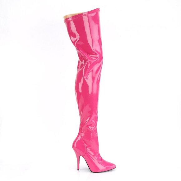 Hot Pink Stretch Patent Thigh High Heel Boots - Picture 1 of 4